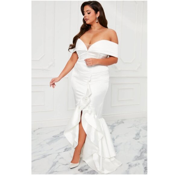 Throw the Bouquet Gown White Satin Off-Shoulder High Split Dress 1X - Picture 1 of 11